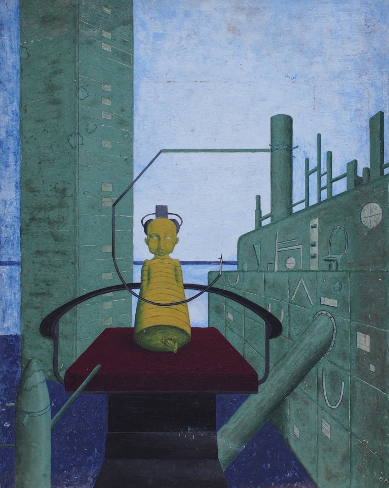 Oil painting of cyber man connected to machinery by Francois Hugo