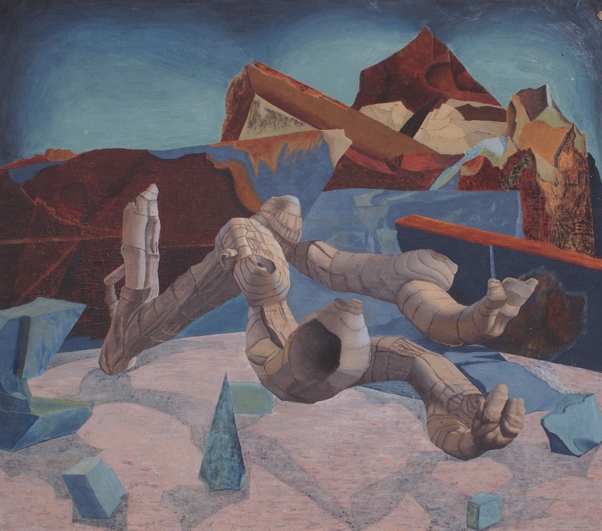 Abstract oil painting of limb-like wooden branches with geometric rocks by Francois Hugo