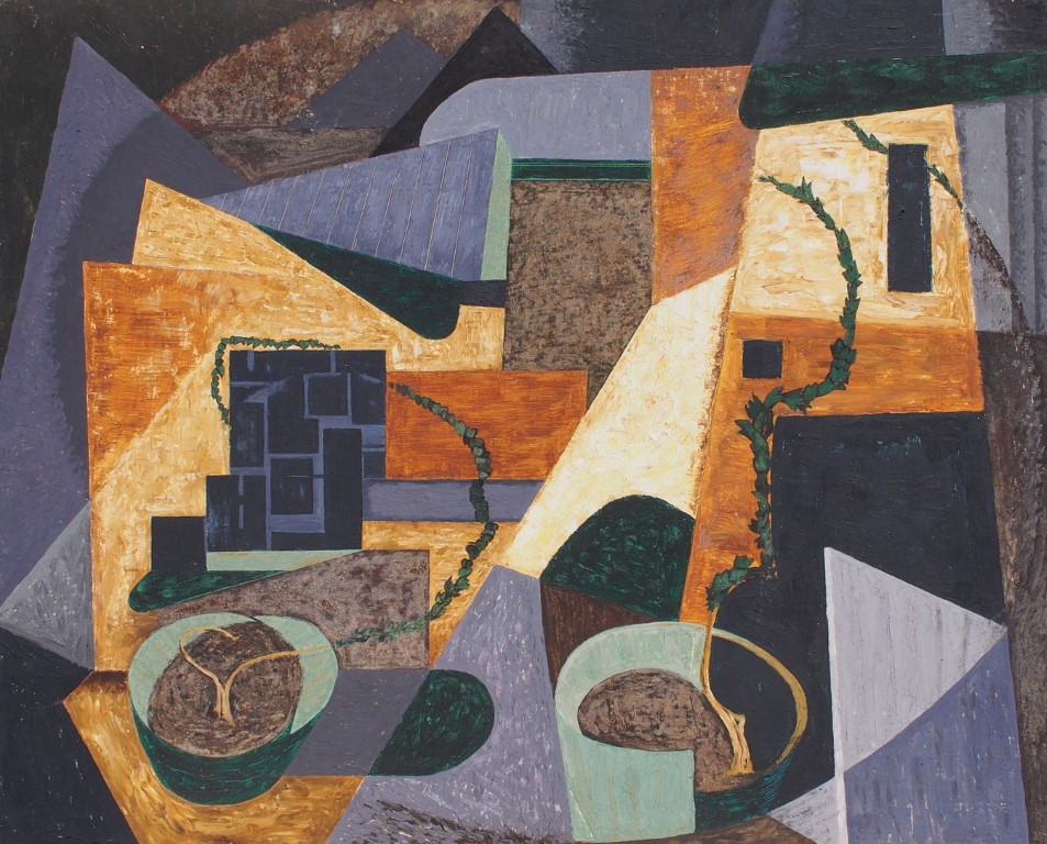 Abstract oil Watercolour painting with house plant in pot and creepers by Francois Hugo