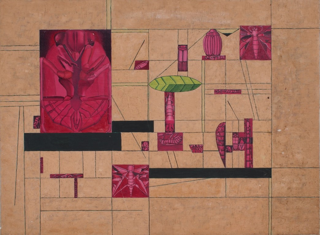 Abstract oil painting of beetle and insects in various stages of development by Francois Hugo