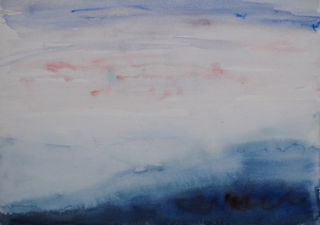 Watercolour painting of sky hills and clouds in blue by Francois Hugo
