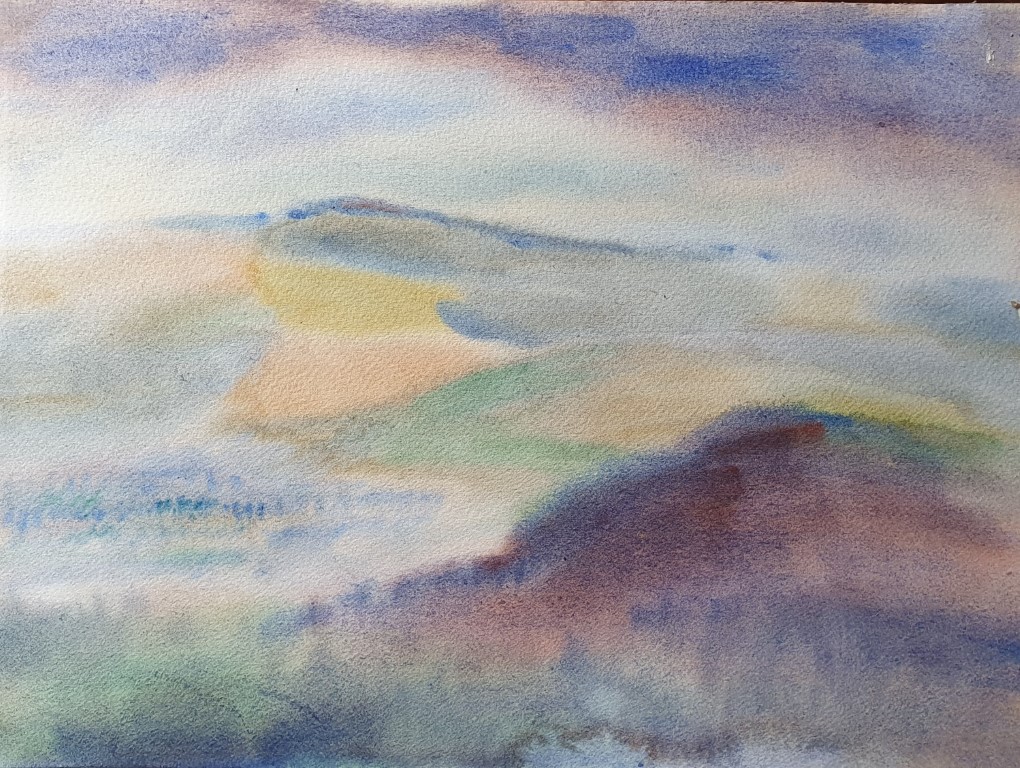 Watercolour landscape painting of round hills with valley and clouds by Francois Hugo