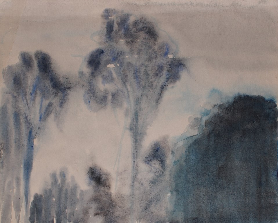 Watercolour and pastel painting of trees on a grey day by Francois Hugo
