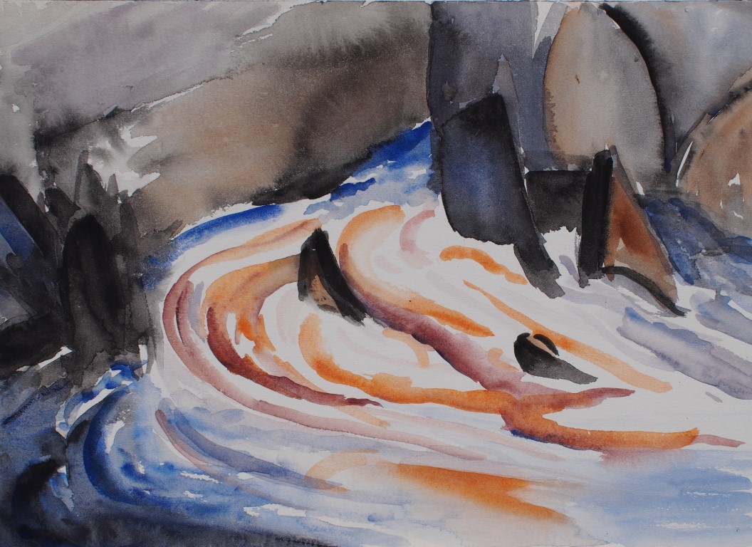 Watercolour painting of stream with rocks and current by Francois Hugo