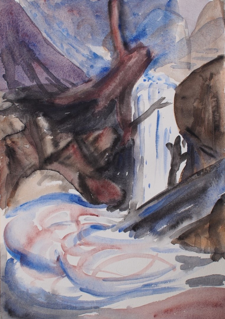 Watercolour painting of waterfall with trees and rocks by Francois Hugo