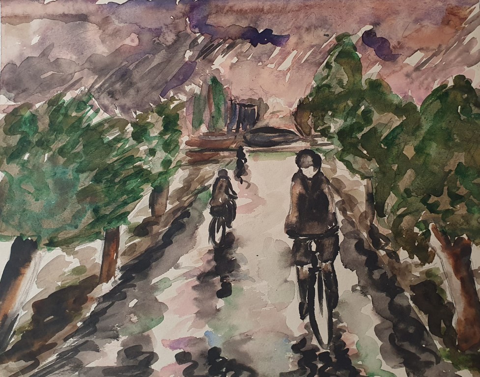 Watercolour painting of cyclists on road in windy weather by Francois Hugo