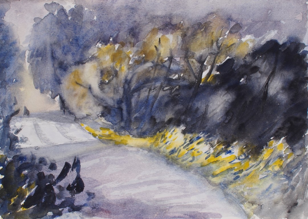 Watercolour painting of wind-blown trees and bushes along a rural road by Francois Hugo