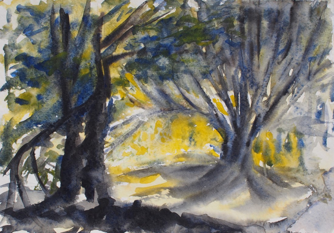 Watercolour painting of two large trees in blue and yellow by Francois Hugo