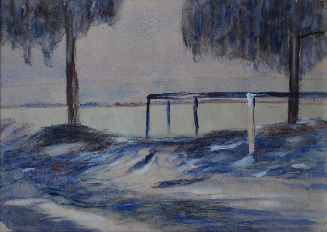 Watercolour painting of fence and trees by Francois Hugo