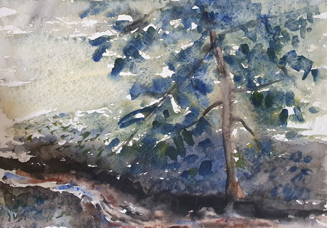 Watercolour painting of tree in the rain in blue by Francois Hugo