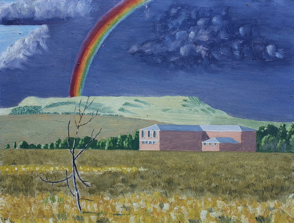 Oil painting of rainbow and building by Francois Hugo