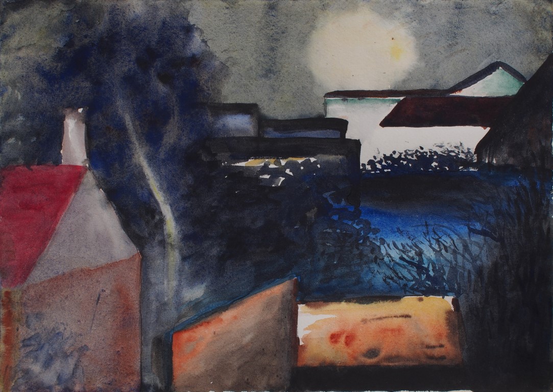 Watercolour painting of houses in village with low moon by Francois Hugo