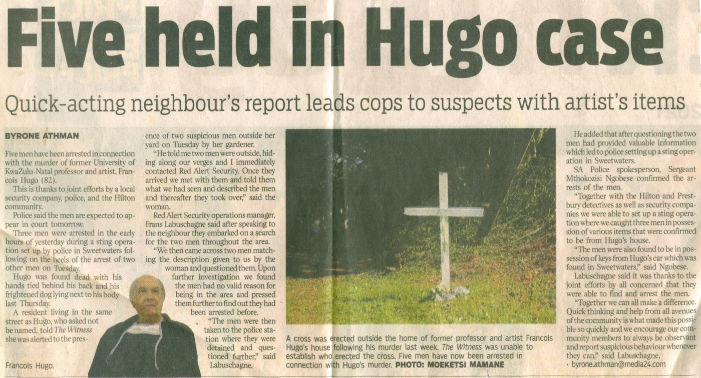 Cutting of newspaper article from the Witness Pietermaritzburg about the murder of Francois Hugo