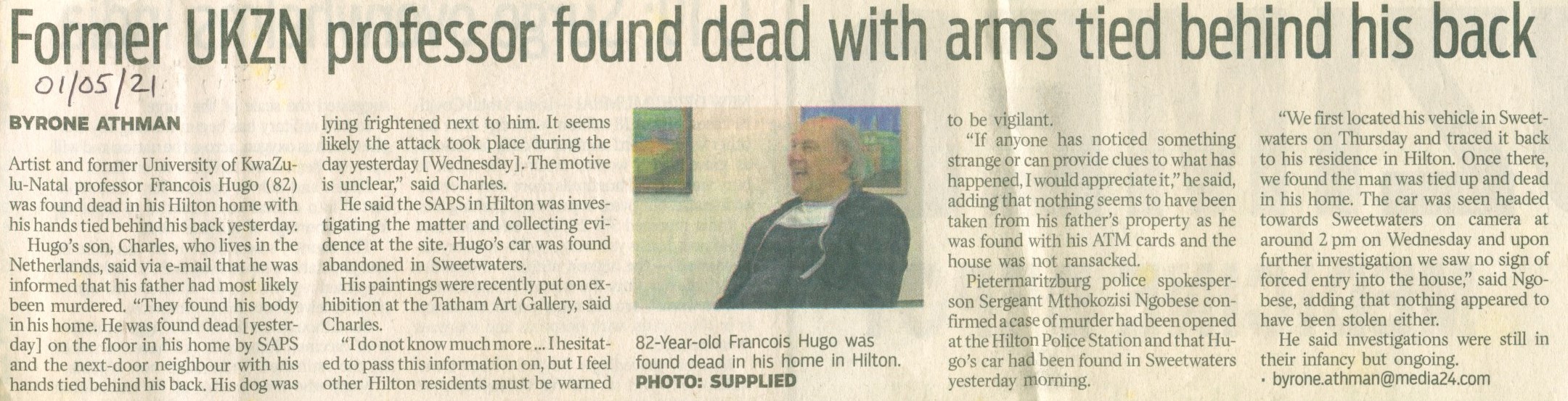Cutting of newspaper article from the Witness Pietermaritzburg about the murder of Francois Hugo