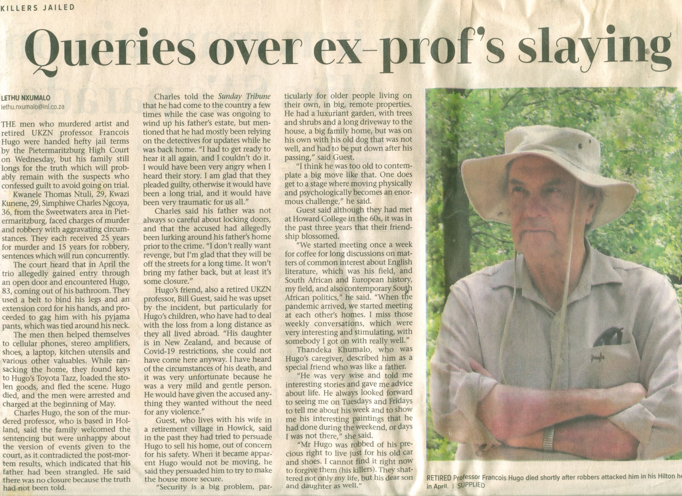 Cutting of newspaper article from the Sunday Tribune Durban about the murder of Francois Hugo