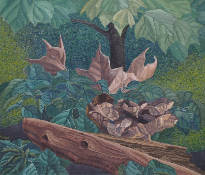 oil painting by Francois Hugo titled crown of leaves and fungus growing on log