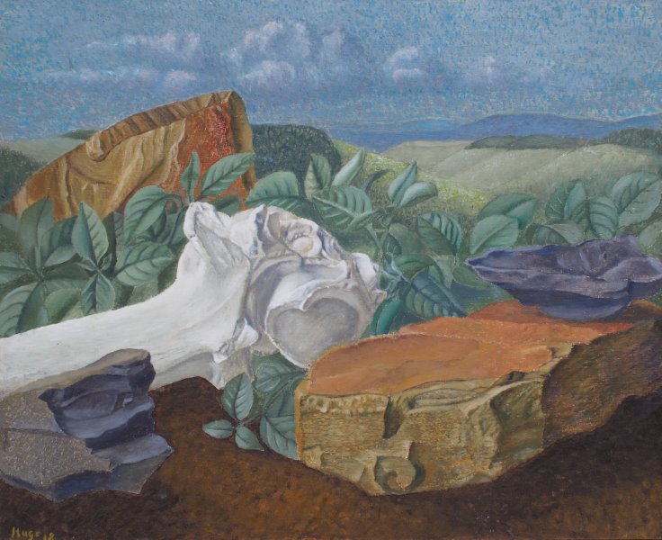 An oil painting evoking a vanished world of primal nature with a bone in the shape of a lion's head.