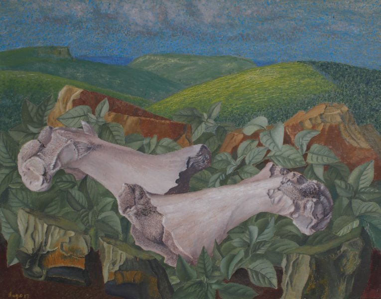 oil painting by Francois Hugo titled resurrection with two large bones with a background of hills. This painting evokes ghosts of the past.