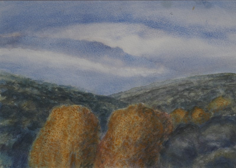 watercolour painting by Francois Hugo titled Hilton Clouds 4 with autumn view with trees and hills from the Hilton ridge