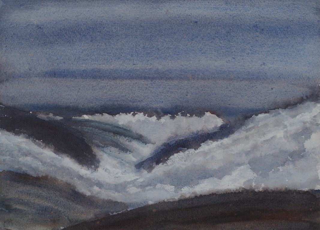 untitled watercolour painting by Francois Hugo showing view of clouds over Pietermaritzburg seen from Hilton