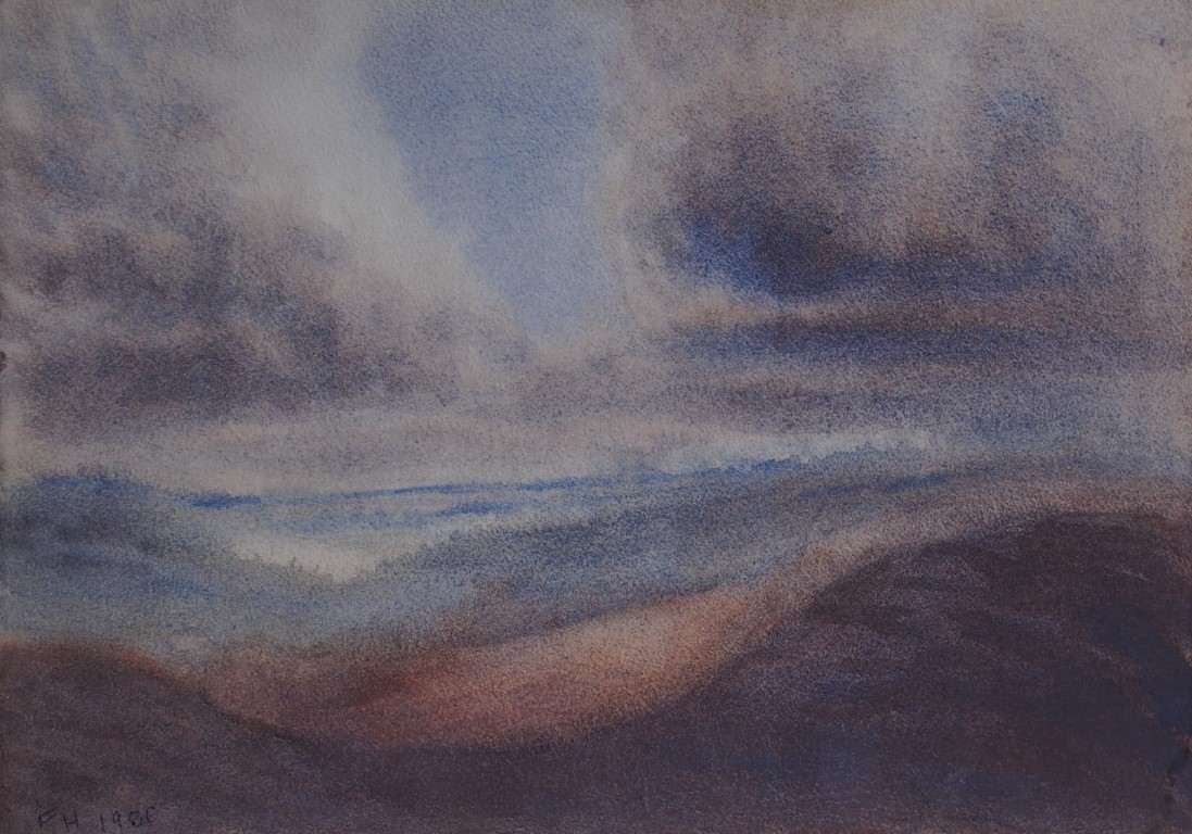 watercolour painting by Francois Hugo looking out over South Africa landscape hills and clouds