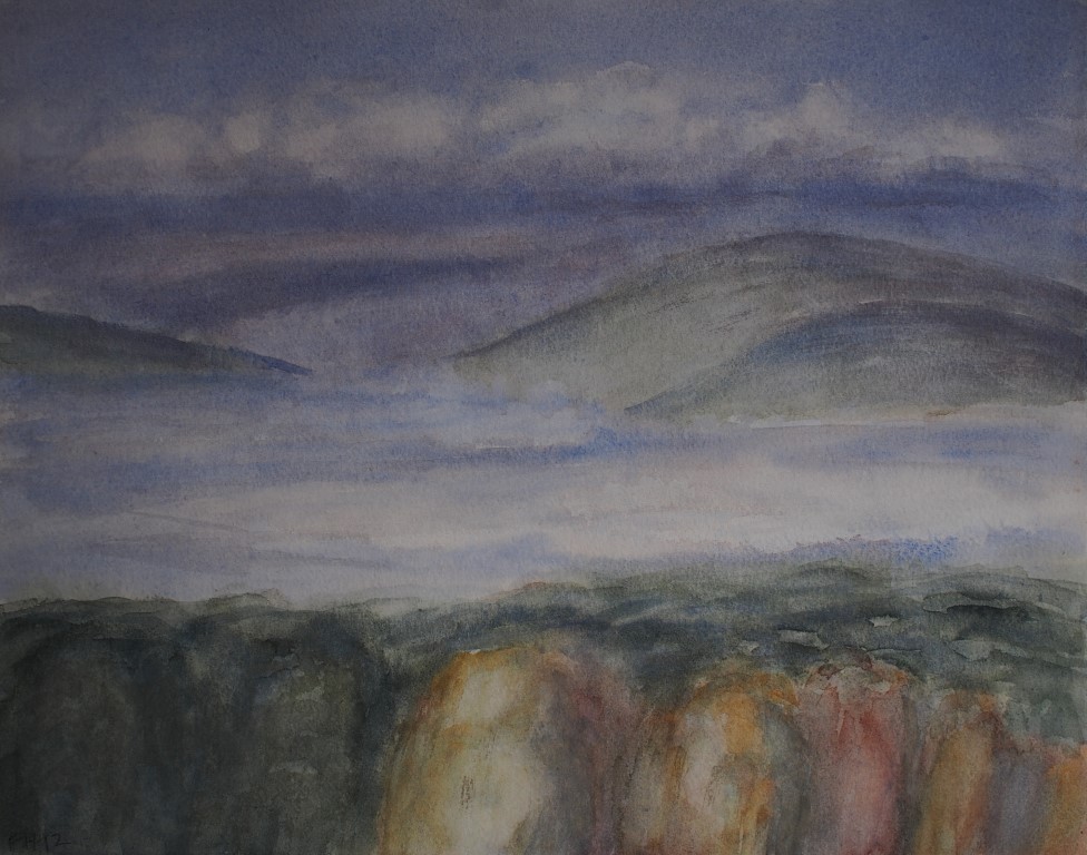 watercolour painting by Francois Hugo showing temperature inversion mist in valley with autumn trees