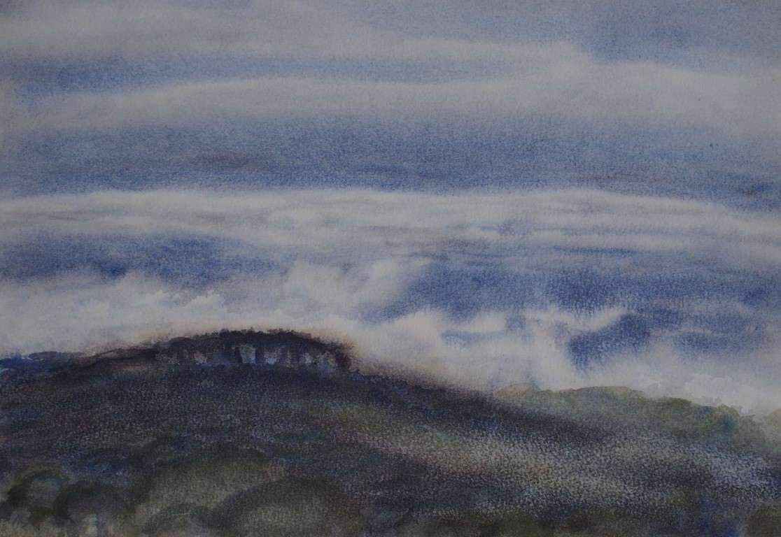 watercolour painting by Francois Hugo showing trees on ridge silhouetted against clouds