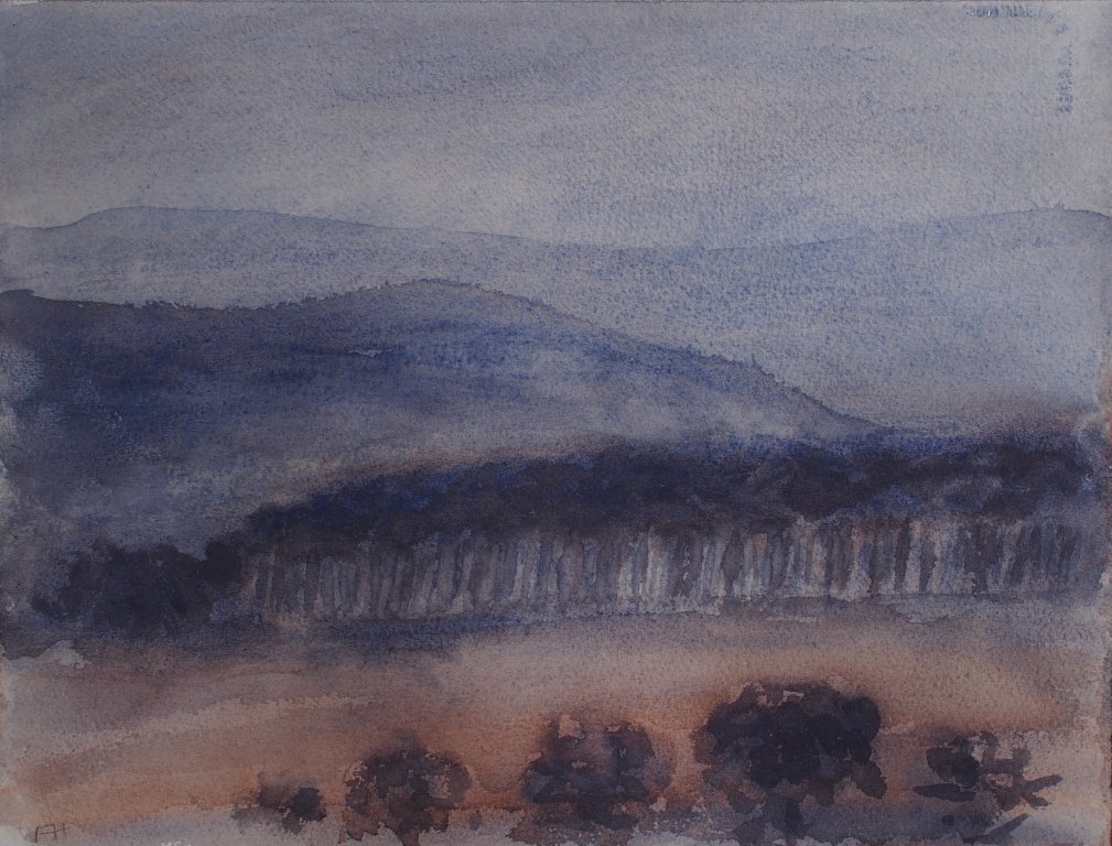 watercolour painting by Francois Hugo showing a landscape wiht a line of autumn trees and rolling hills behind