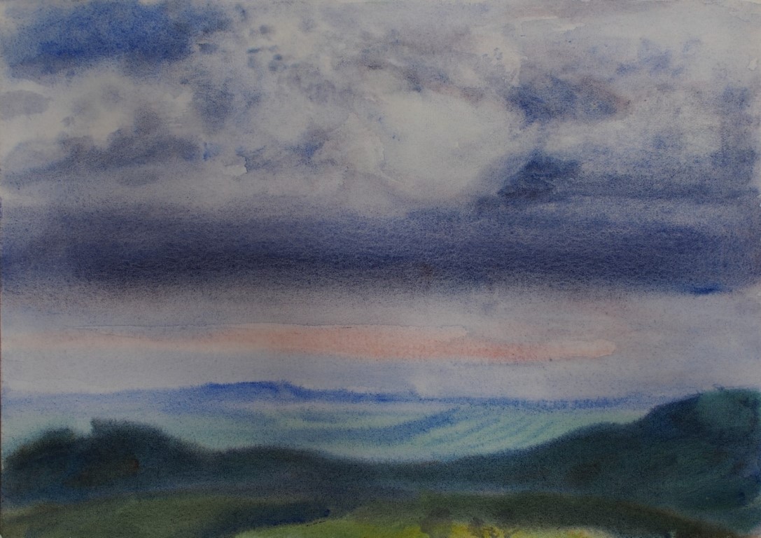 watercolour painting by Francois Hugo of South African landscape with green hills and in the distance a blue ridge