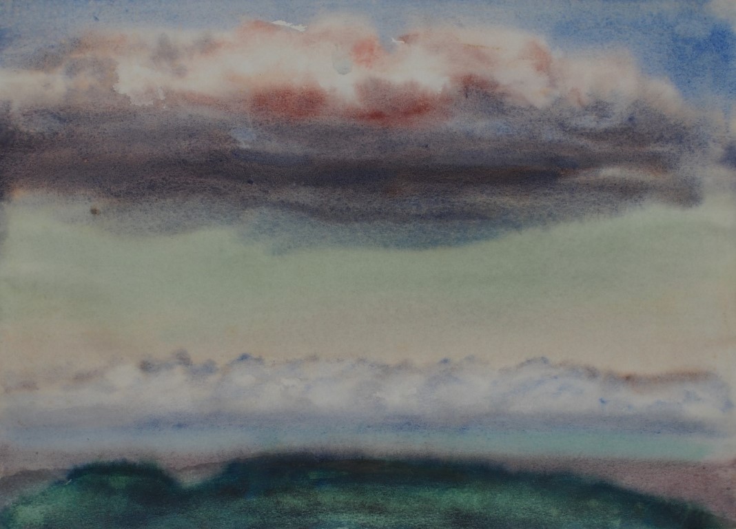 watercolour painting by Francois Hugo showing green Worlds View ridge in Pietermaritzburg with clouds