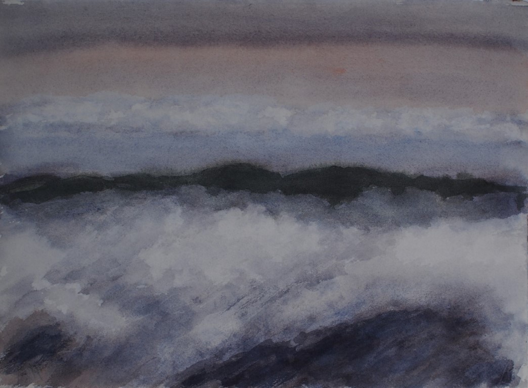 watercolour painting by Francois Hugo of clouds around World's View Pietermaritzburg