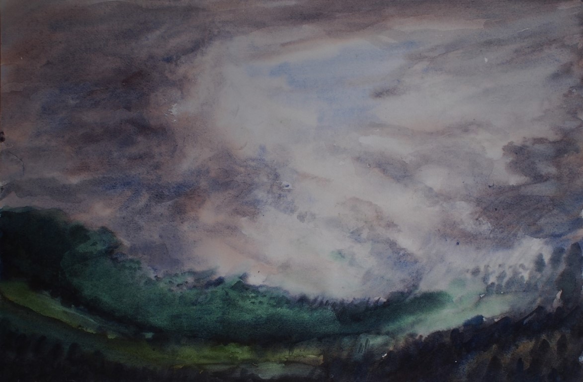 watercolour painting by Francois Hugo of swirling clouds around World's View and Blackridge Pietermaritzburg