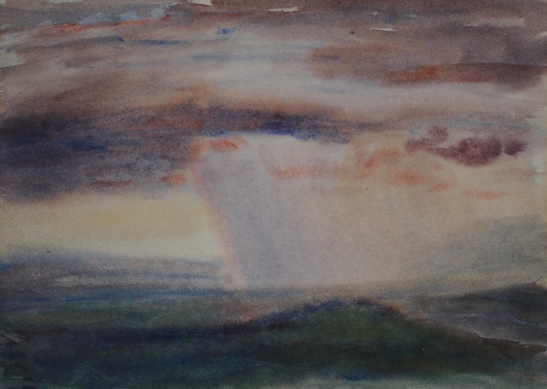 watercolour painting by Francois Hugo of thunderstorm downpour over Pietermaritzburg and Edendale